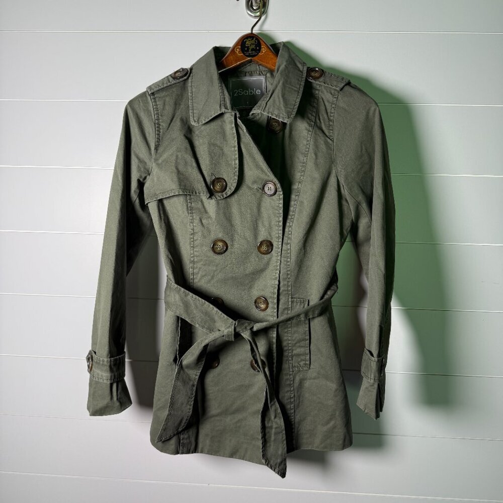 2Sable Olive/Army Green Belted Pea Coat Jacket Size Small